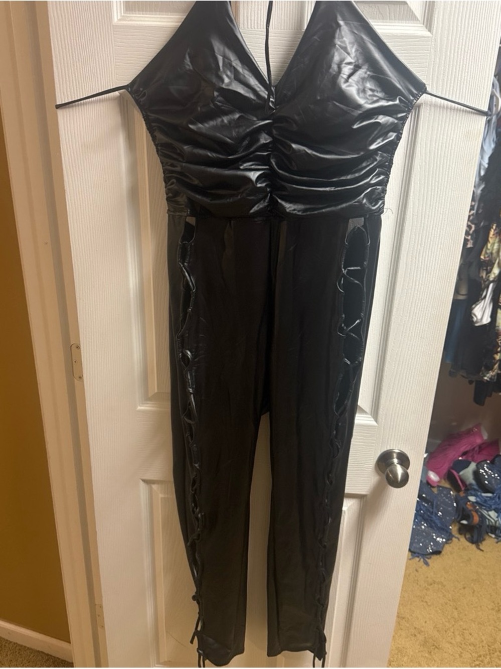 Fashion Nova Black Faux Leather Lace-Up Halter Jumpsuit